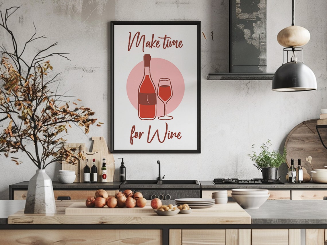 Make Time for Wine Retro Kitchen Bar Script Typography Quote Poster