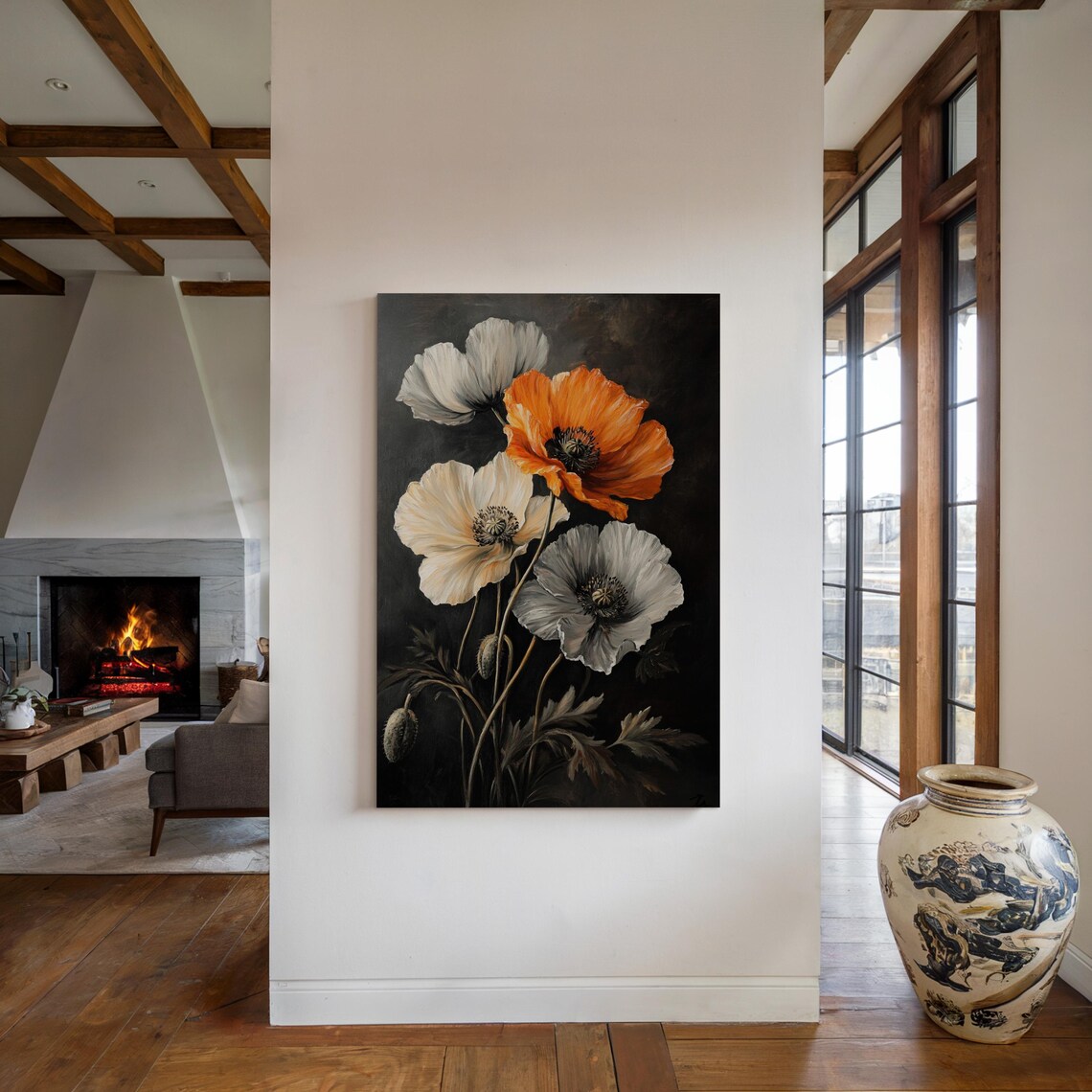 Dark Botanical Poppy Flower Painting Orange White Moody Wall Art Print - Image 2