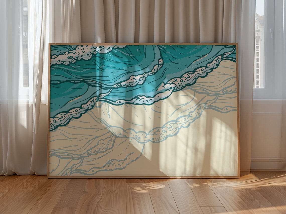 Aerial Turquoise Surf Waves Cream Sand Abstract Ocean Poster - Image 2