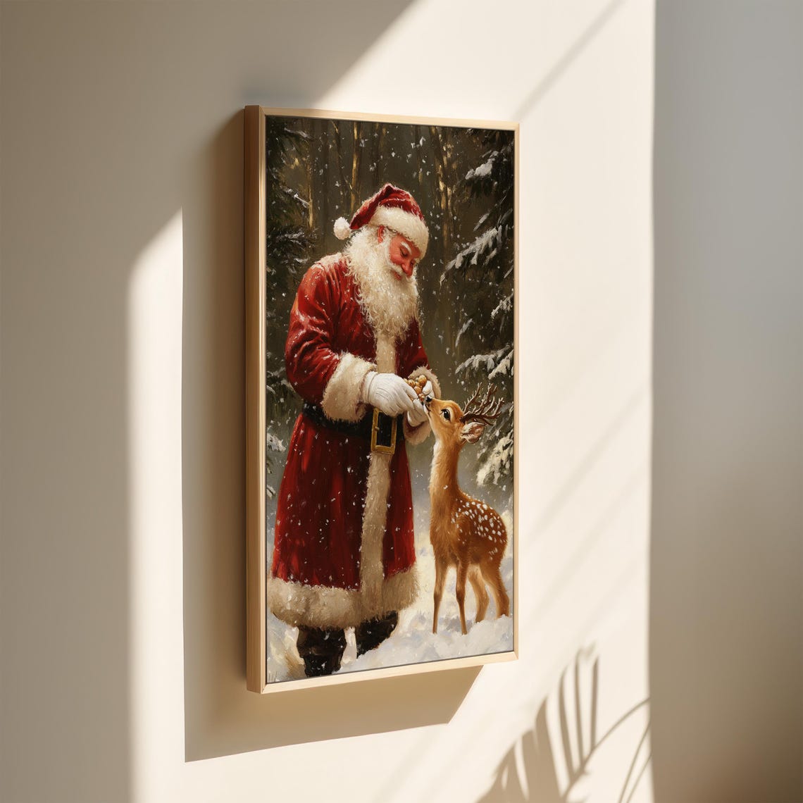 Santa Feeding A Young Deer In Snowy Forest Heartwarming Holiday Poster