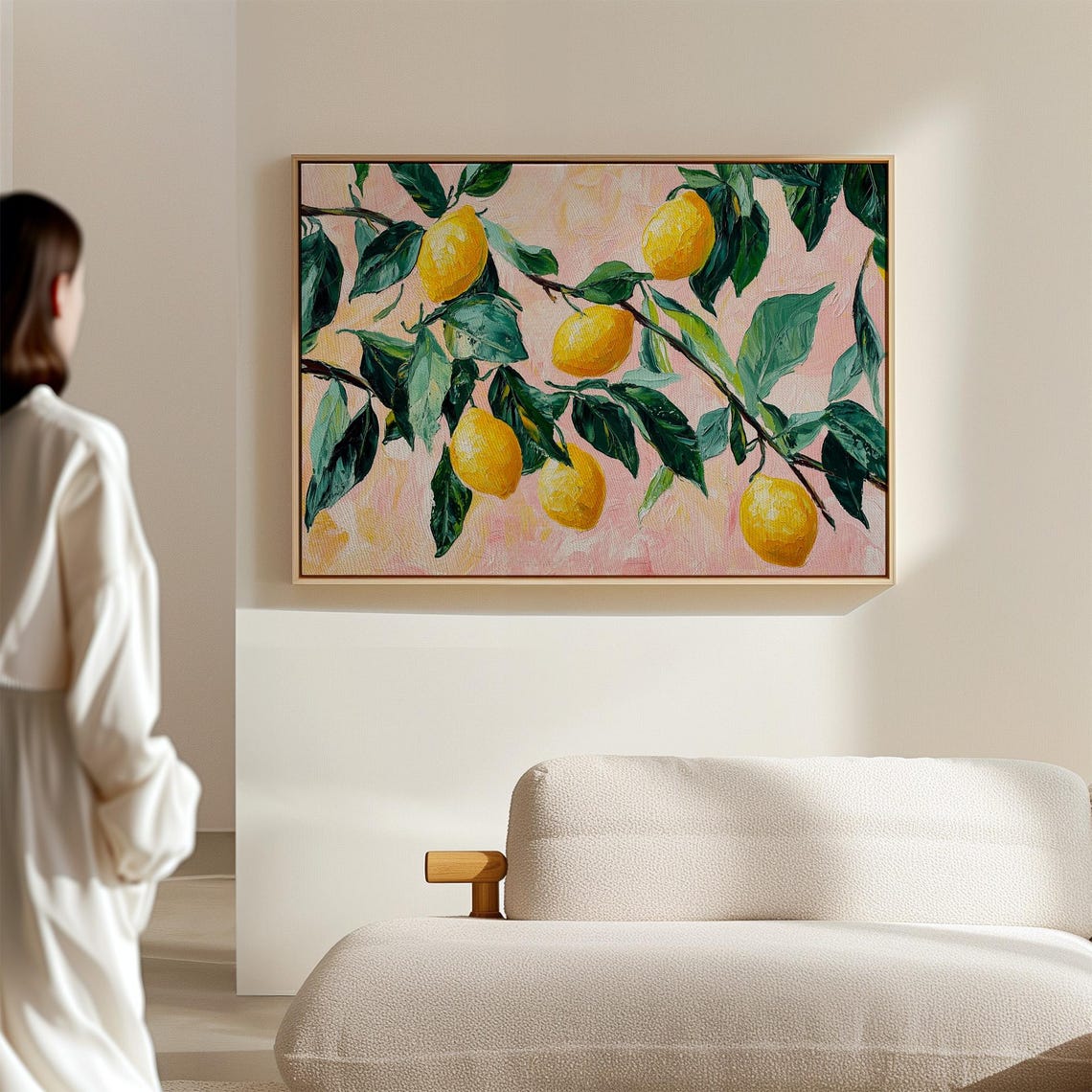 Lemon Tree Branches Bright Yellow Lemons Pastel Pink Oil Art Poster - Image 5