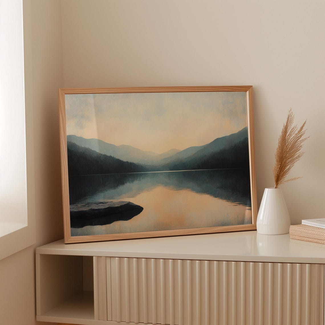 Minimalist Mountain Lake Wall Art Print Tranquil Sunset Reflection Nature Scene Soft Wilderness Decor For Modern Or Rustic Spaces - Image 3