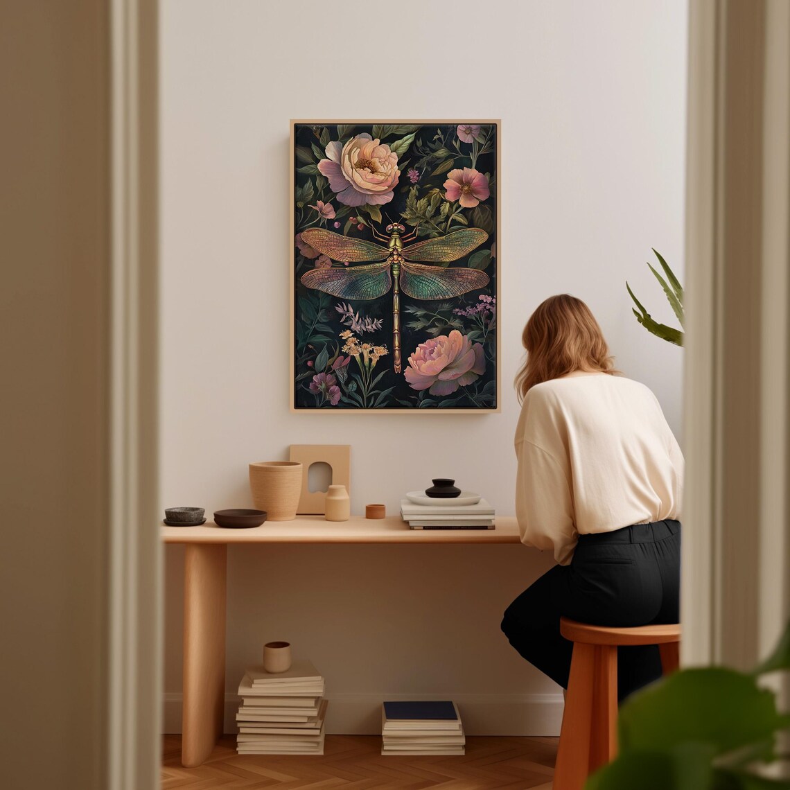Dragonfly Botanical Peony Floral Dark Moody Vintage Insect Art Poster - Image 2