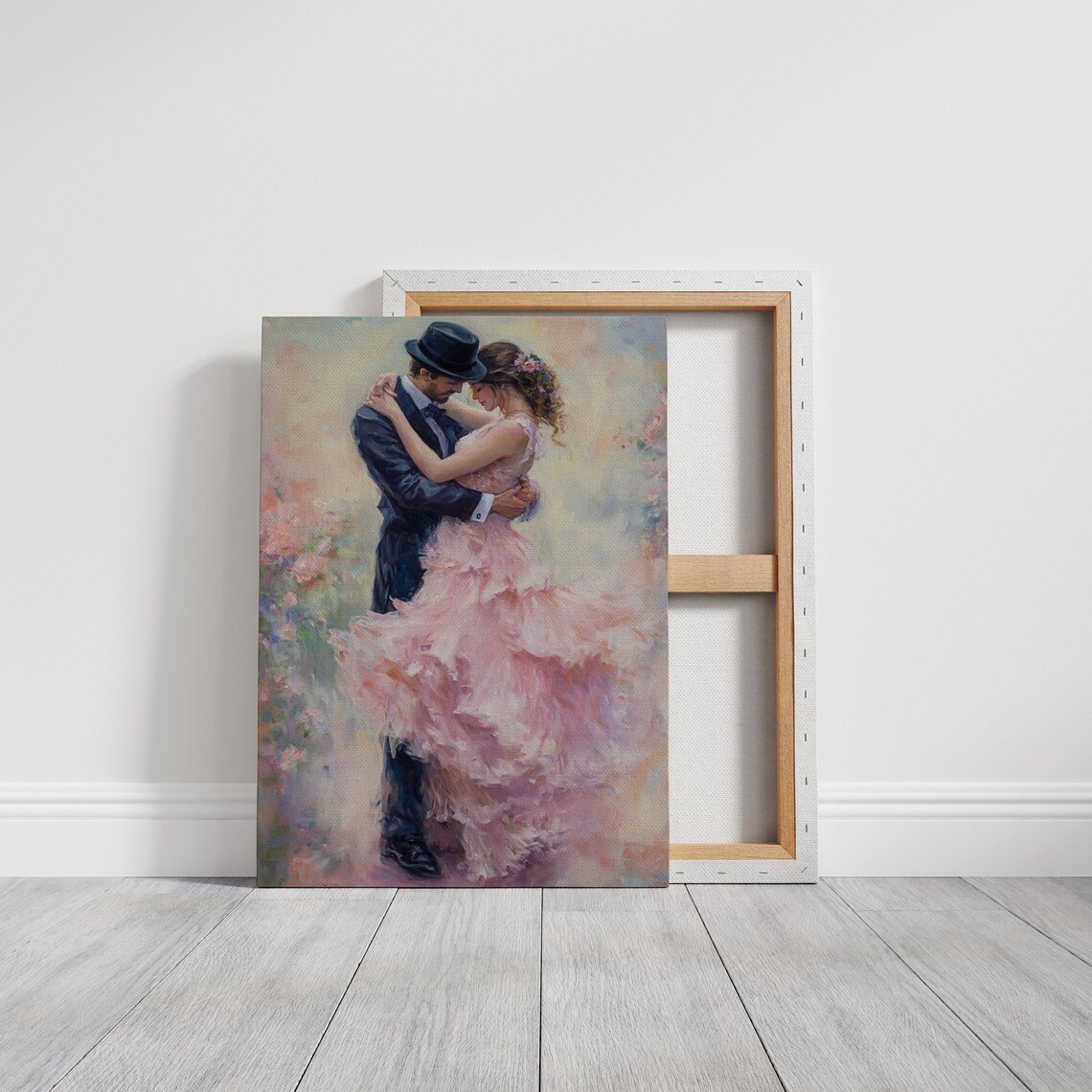 Couple Embracing Dance Flowing Pink Gown Romantic Oil Art Print - Image 3