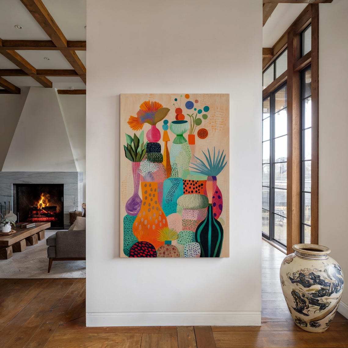 Abstract Vase And Botanical Composition Colorful Modern Artwork With Textured Patterns For Bold Home Decor Wall Art Print - Image 2