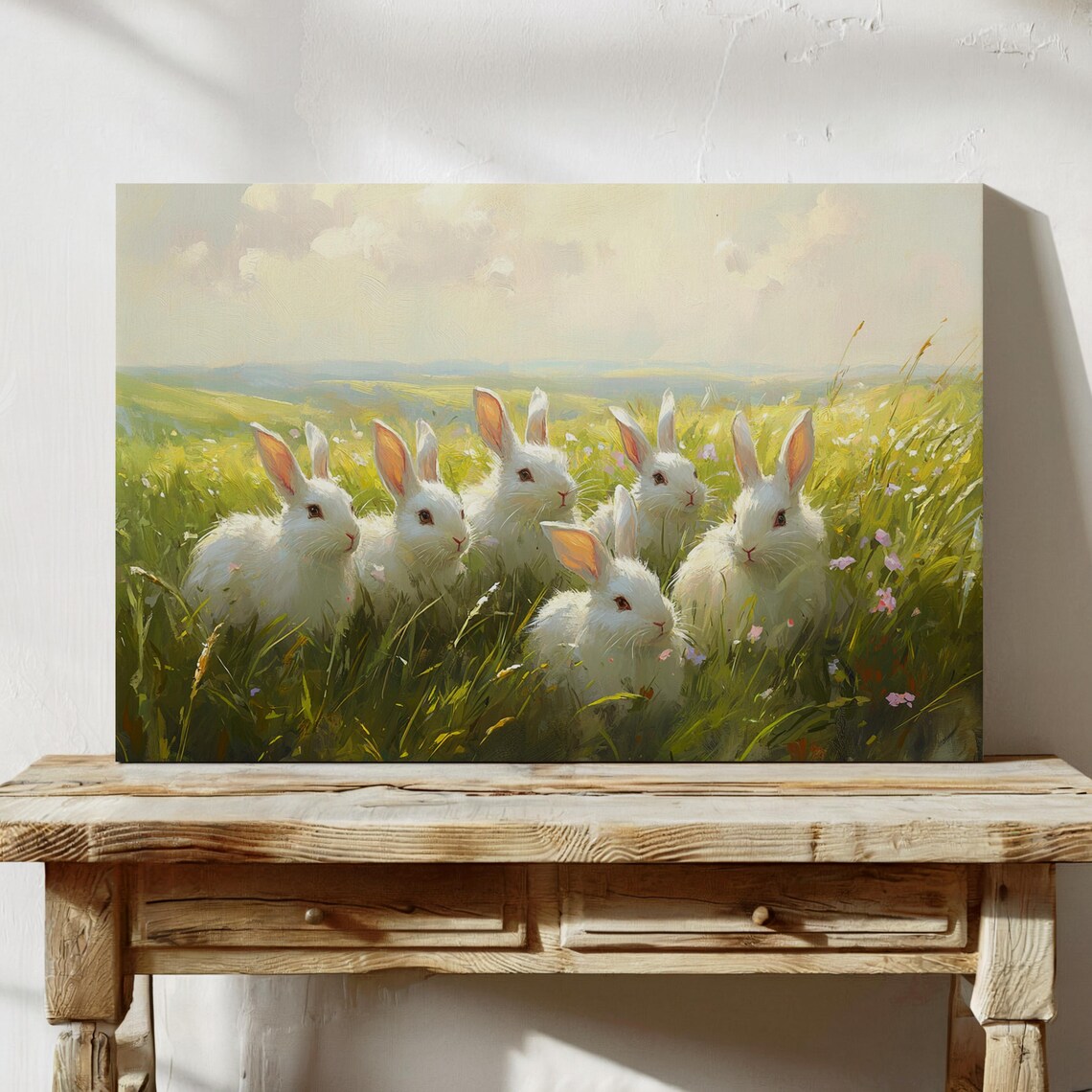 Group Of White Bunnies In Sunny Spring Meadow Cute Bunny Art Poster - Image 5