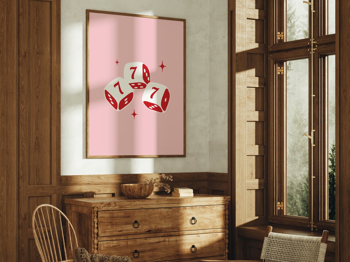 Lucky Seven White Dice Red Pips On Pink Retro Casino Style Wall Art - Image 2