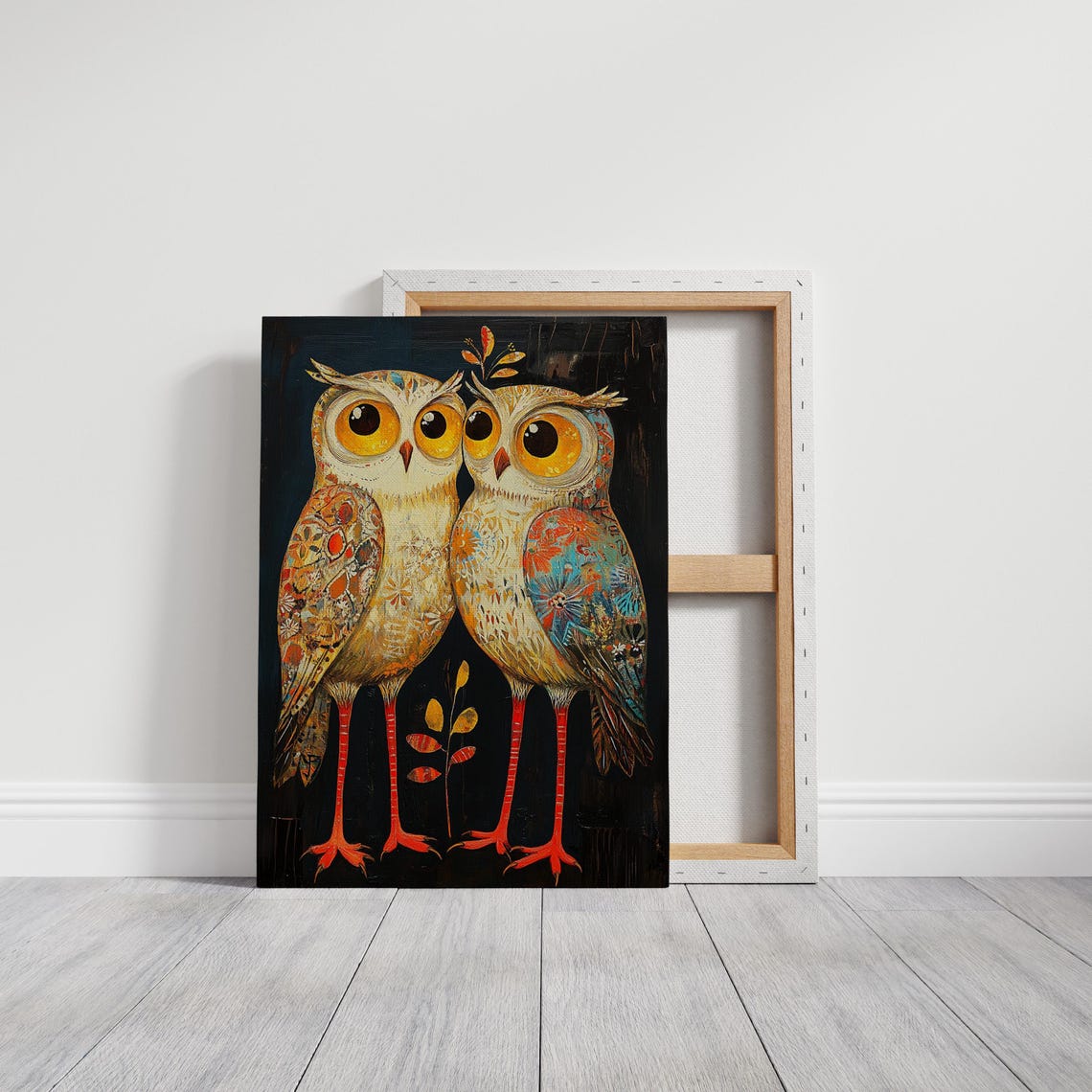 Whimsical Owl Pair Artwork Intricate Floral Patterns And Bold Colors On A Dark Background - Image 5