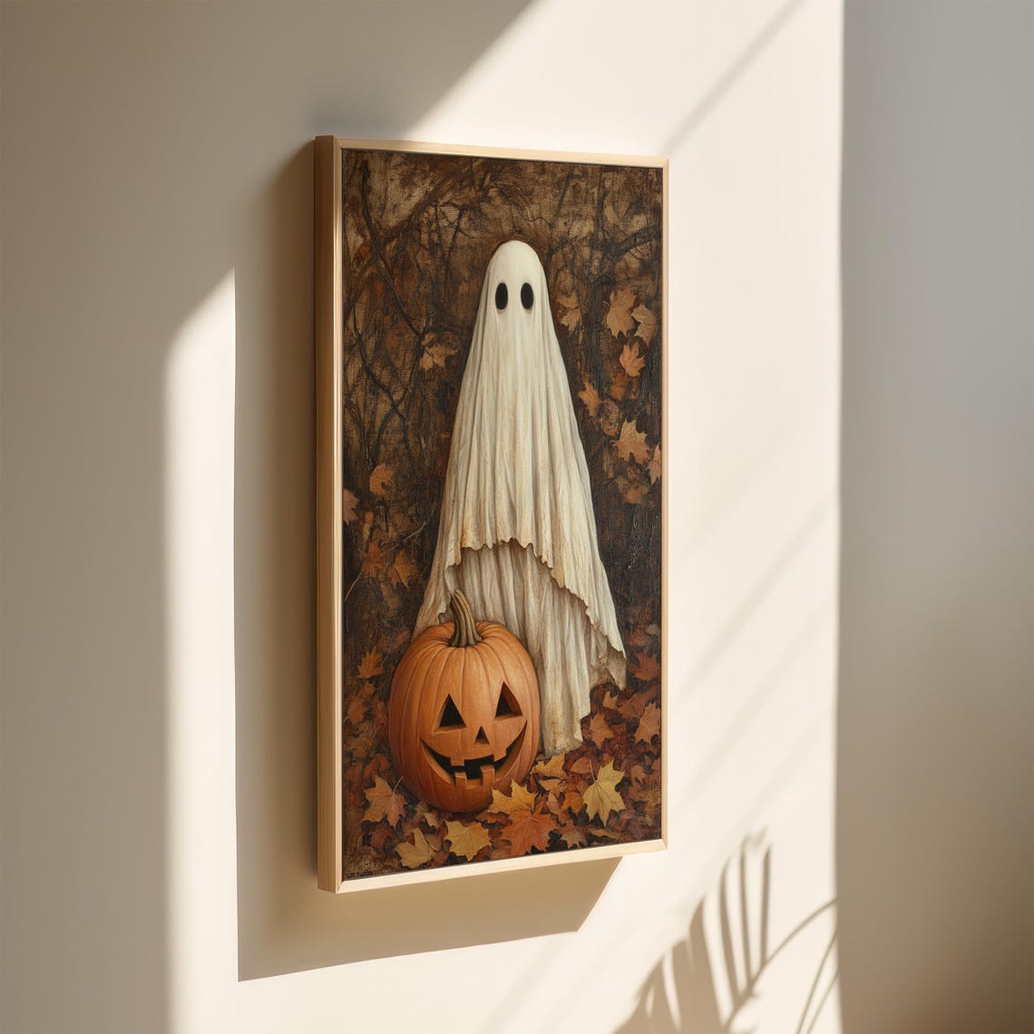 Cute Ghost With Carved Pumpkin Autumn Leaves Halloween Wall Art - Image 2