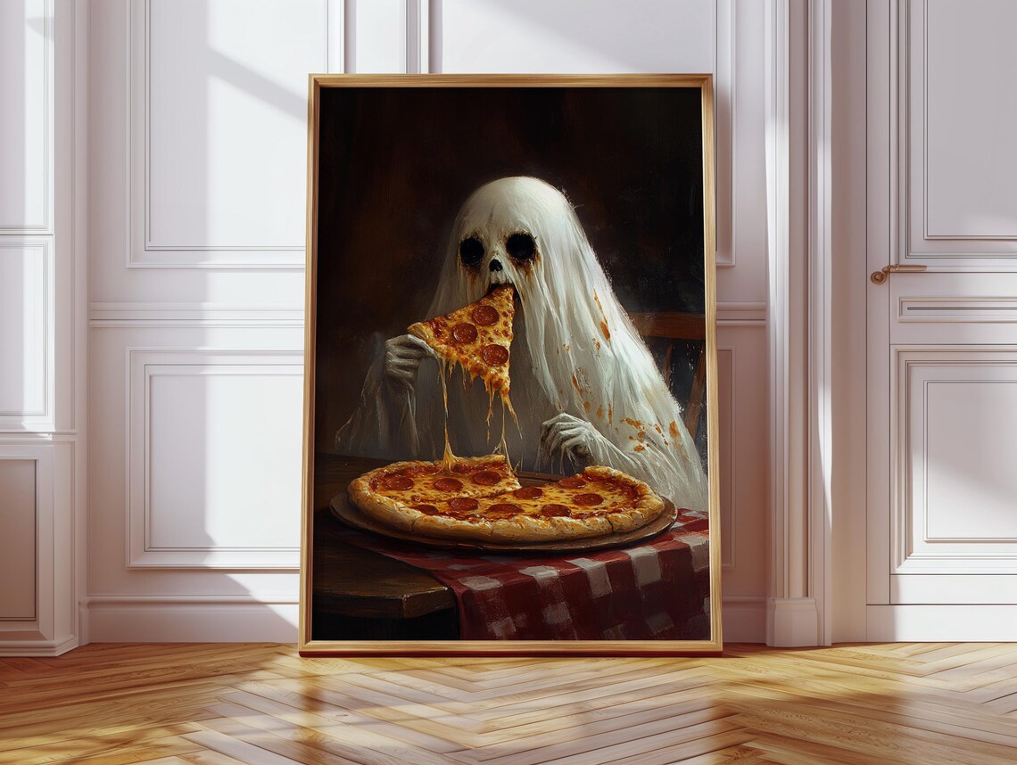 Ghost Eating Pizza Poster Funny Halloween Oil Painting with Pepperoni - Image 3