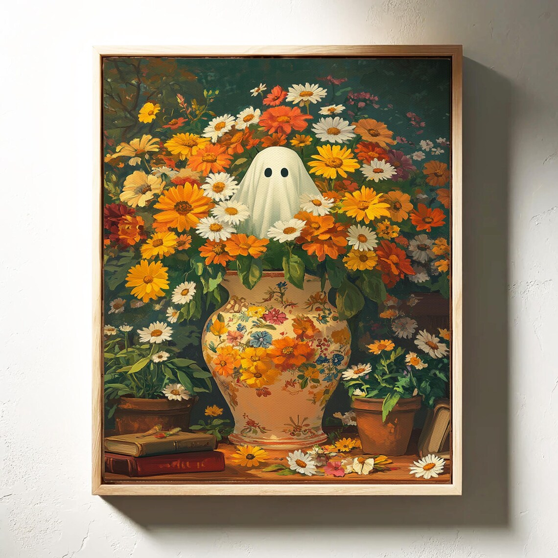Ghost In Autumn Flower Vase Playful Halloween Floral Wall Art - Image 2