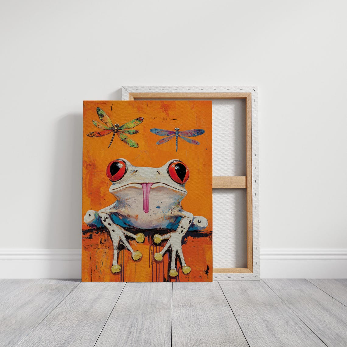 Colorful Tree Frog Dragonflies Pop Art Orange Background Whimsy Poster - Image 5