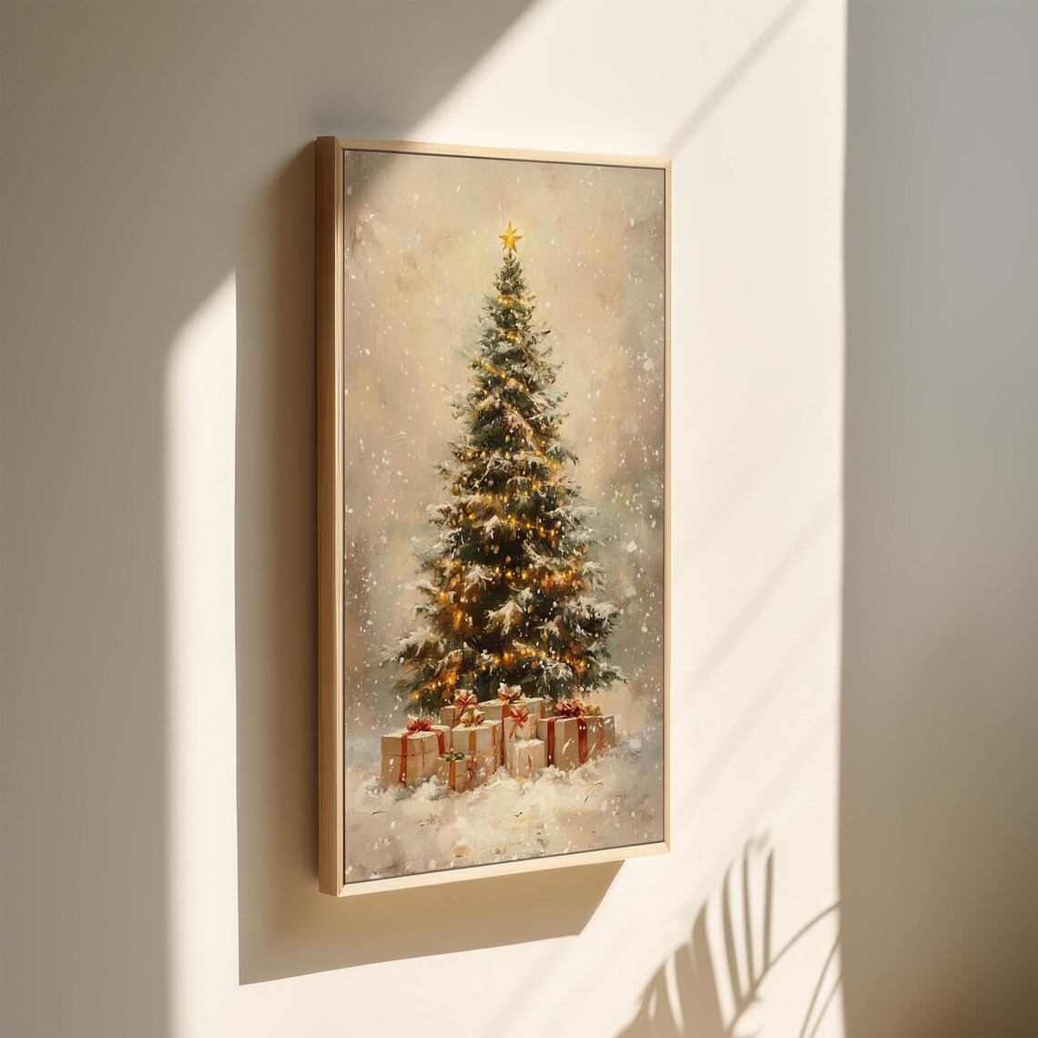 Snowy Christmas Tree With Golden Lights And Gifts Cozy Holiday Poster - Image 3