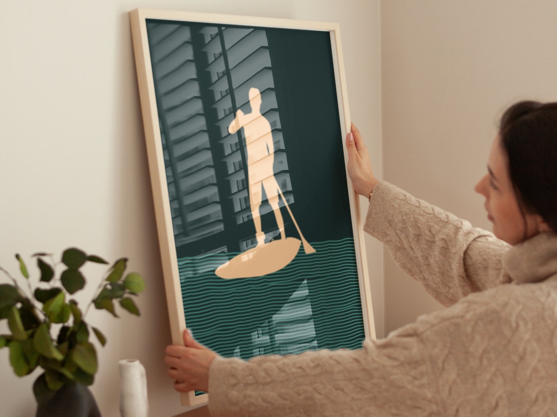 Paddle Board Man Silhouette Deep Teal Minimalist Coastal Wall Poster - Image 2