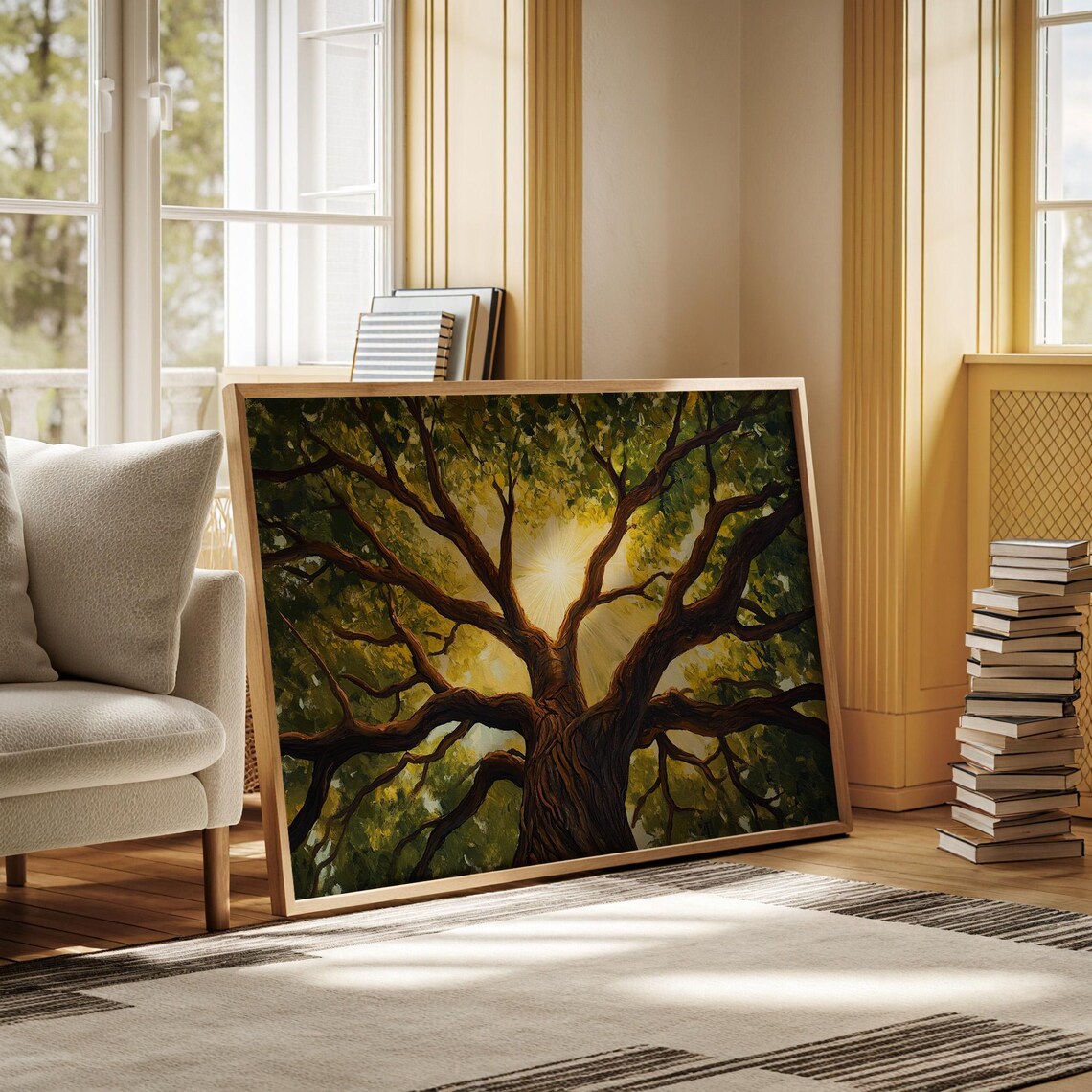 Majestic Tree With Sunlight Glow Nature Wall Art Forest Canopy Print Tree Of Life Painting Tranquil Greenery Sunlit Branches - Image 5
