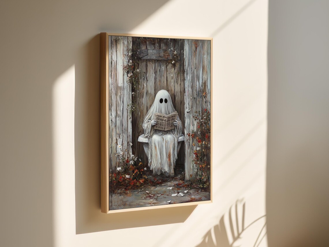 Cute Ghost Toilet Reading Newspaper Vintage Outhouse Halloween Funny Art Print - Image 4