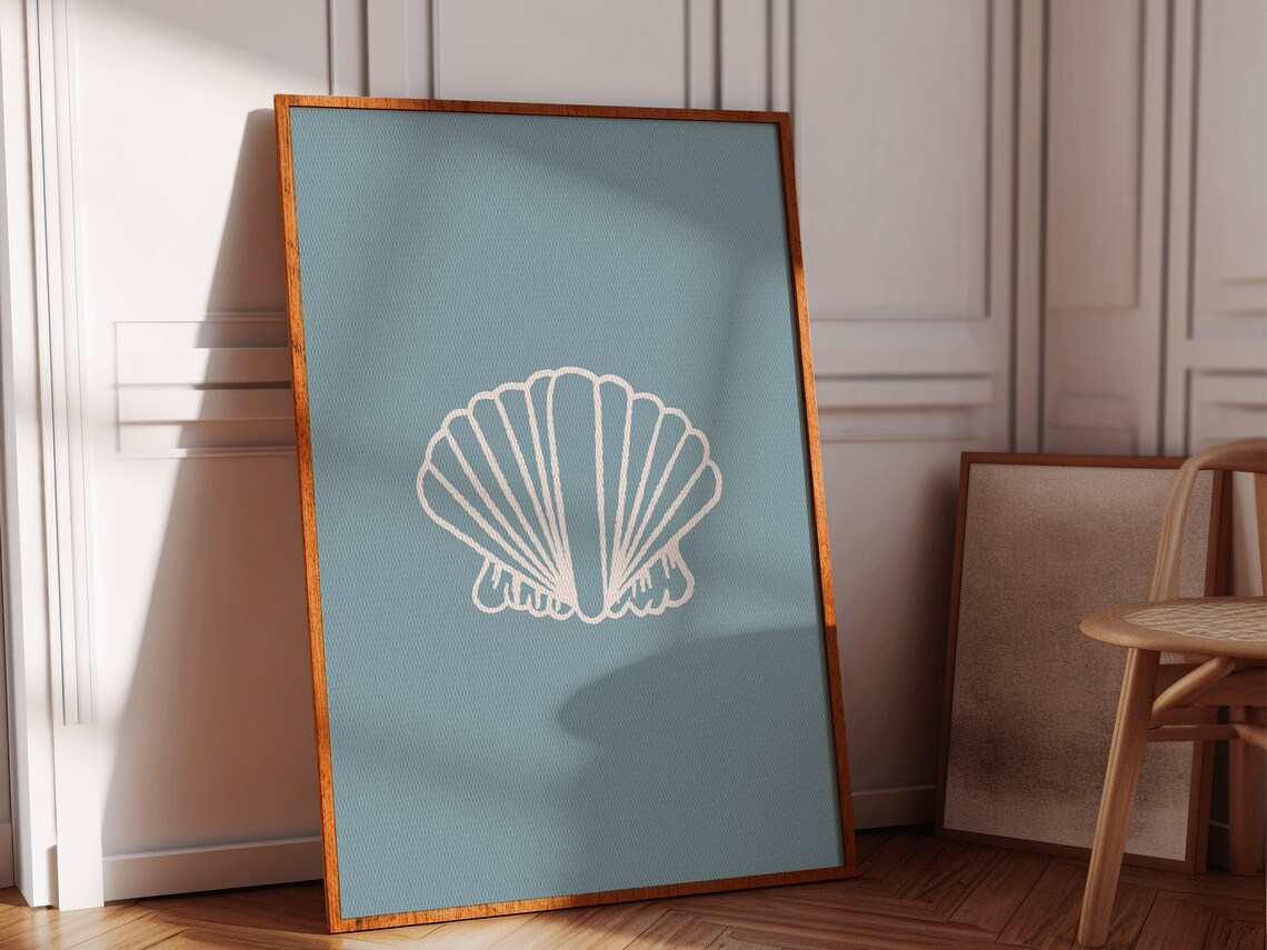 Scallop Shell White Line Art Blue Gray Coastal Minimalist Poster - Image 2