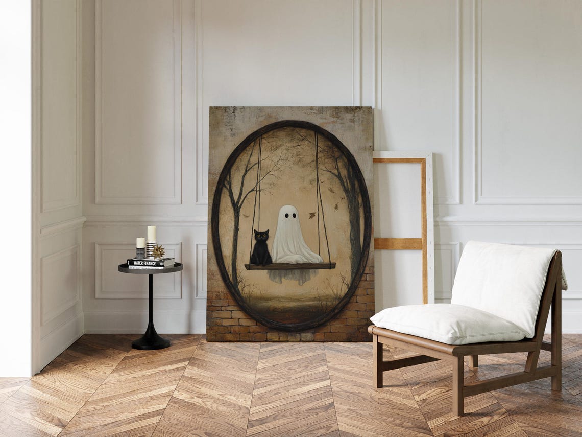 Ghost and Black Cat on Swing Rustic Oval Frame Spooky Cute Wall Poster - Image 2