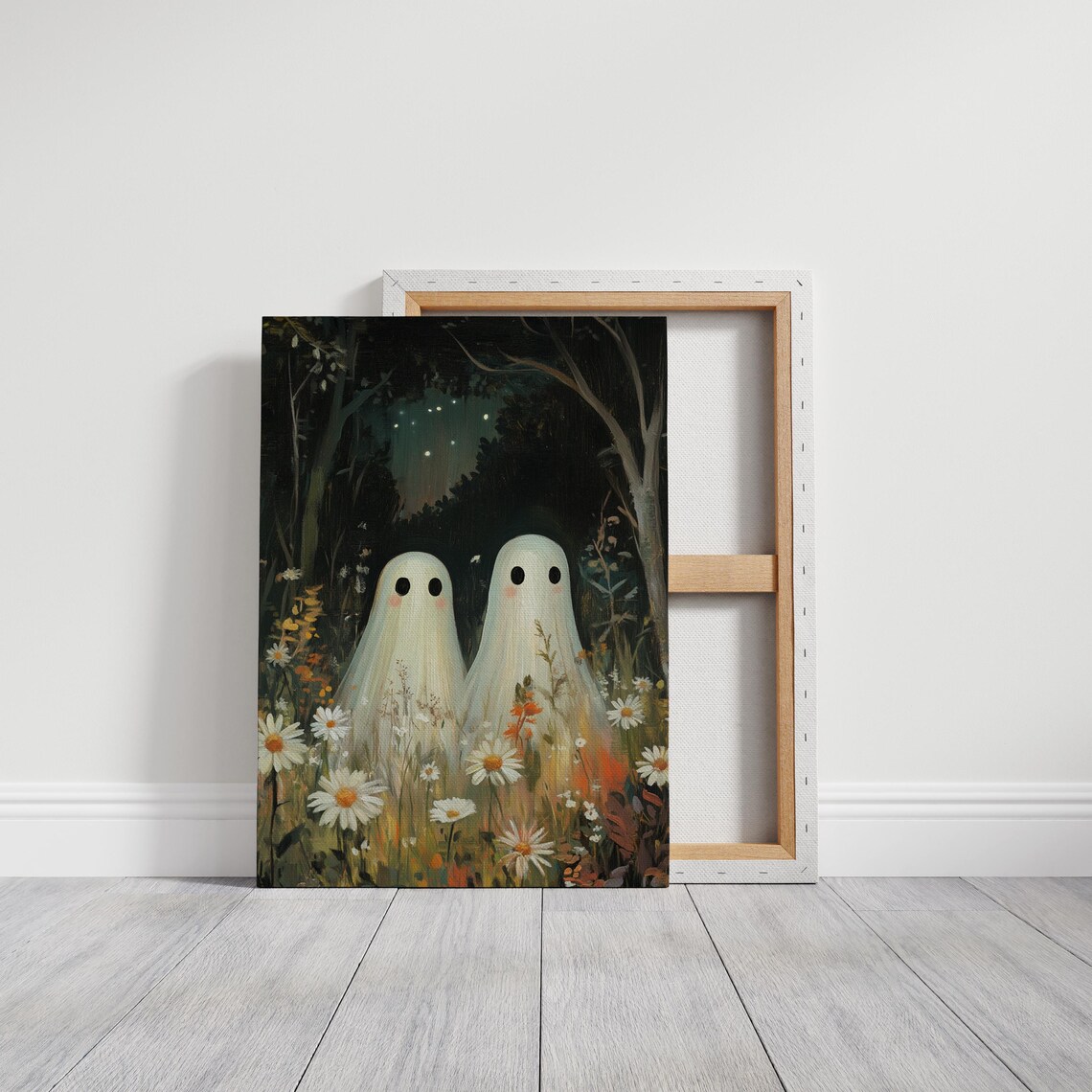 Playful Ghosts In Moonlit Wildflower Meadow Cute Spooky Halloween Poster - Image 4