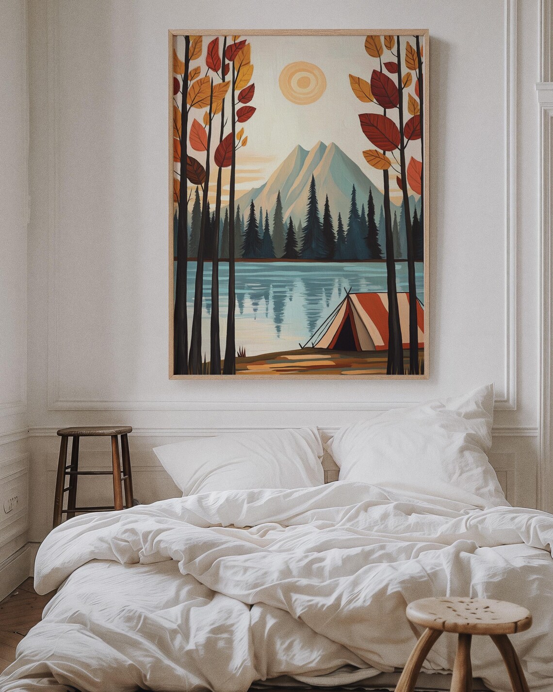 Autumn Camping Art Print, Tranquil Mountain Lake Scene - Image 5
