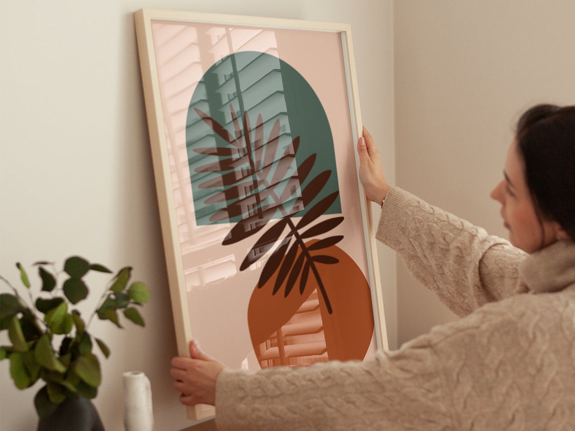 Blush Pink Teal Arch Botanical Leaf Abstract Boho Wall Art Poster