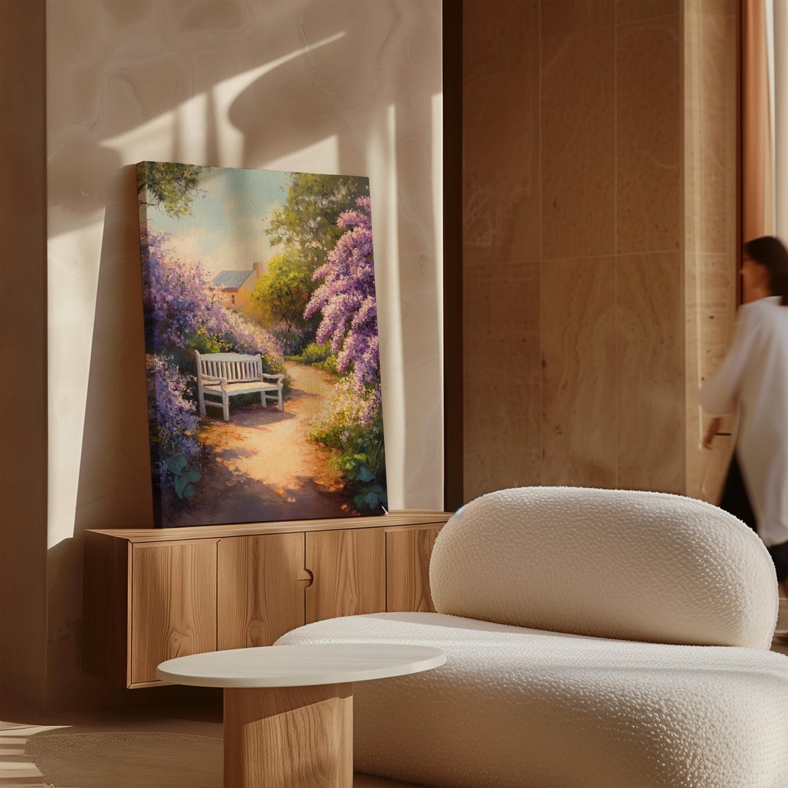 Sunlit Garden Bench Lilac Path Blooming Purple Flowers Spring Wall Art - Image 5