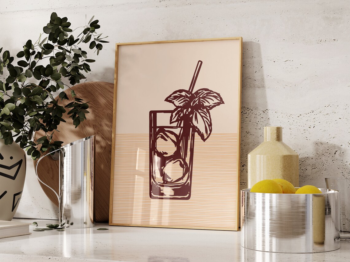 Boho Cocktail Glass Line Art Maroon Minimalist Bar Cart Art Poster