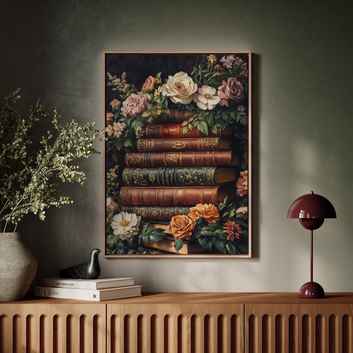 Antique Book Stack With Roses Romantic Floral Library Art Print - Image 5