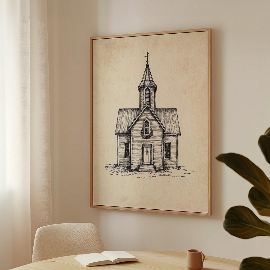 Rustic Country Church Ink Drawing, Vintage Chapel