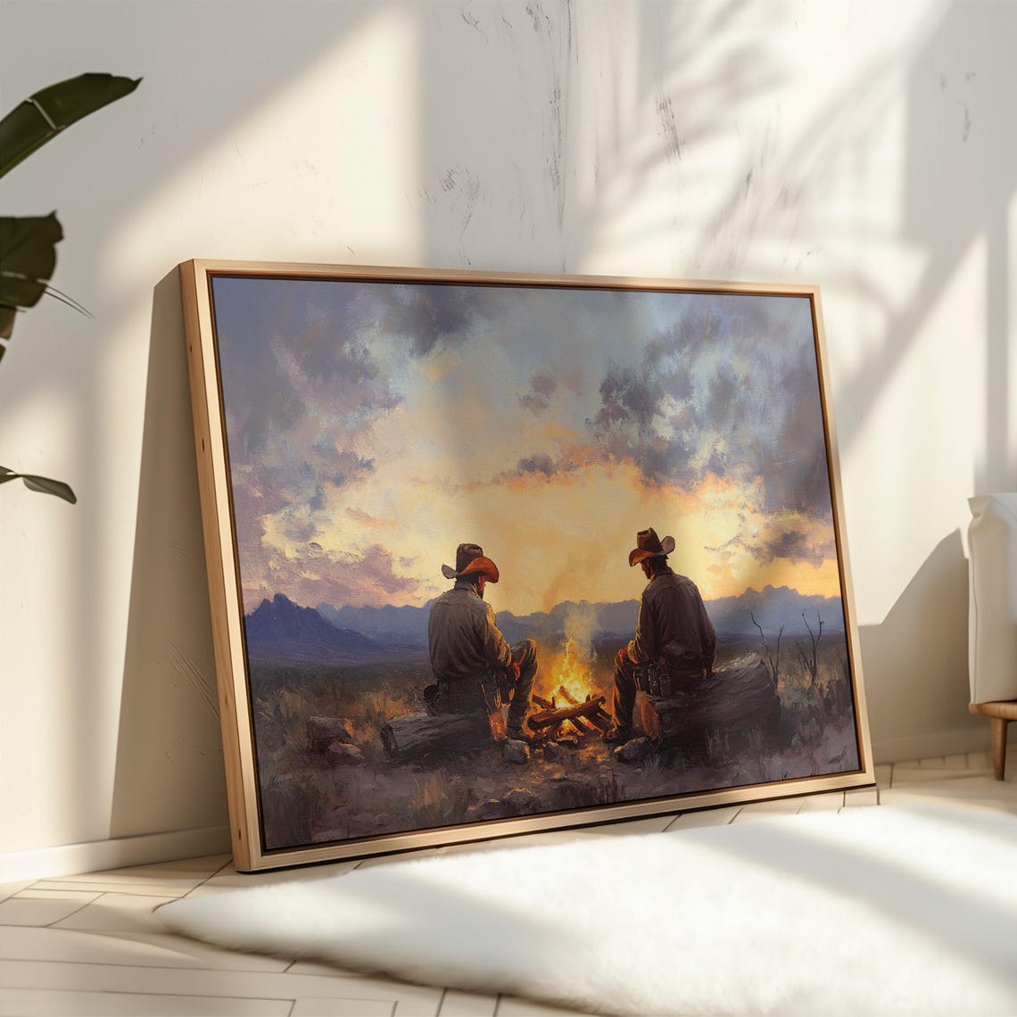 Cowboys By Campfire At Sunset Print Western Landscape Painting With Two Men Mountains And Firelight Scene - Image 4