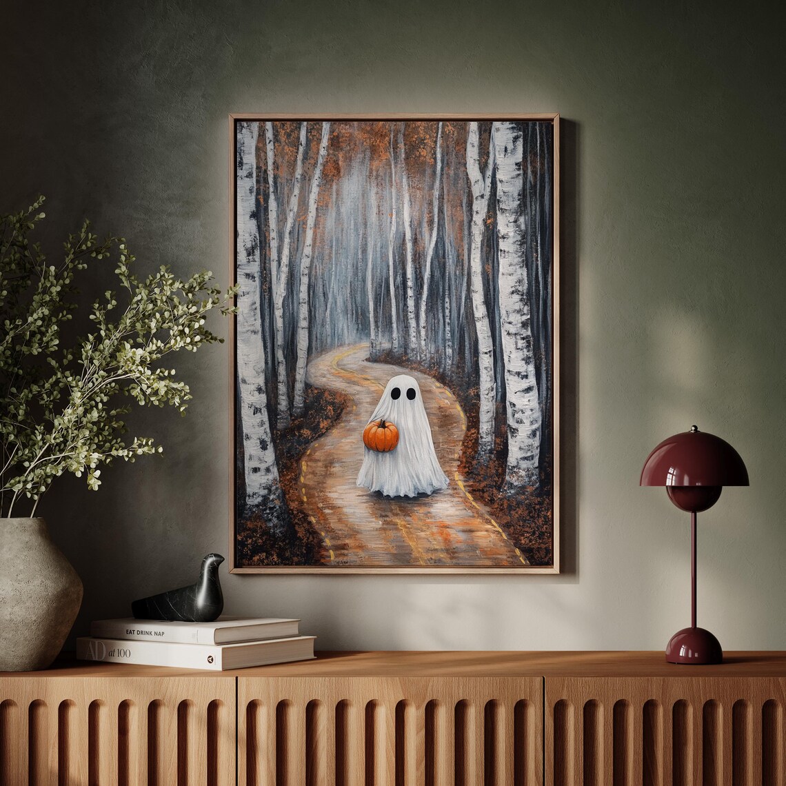 Ghost Holding Pumpkin Walking Down Autumn Birch Forest Road Poster - Image 5