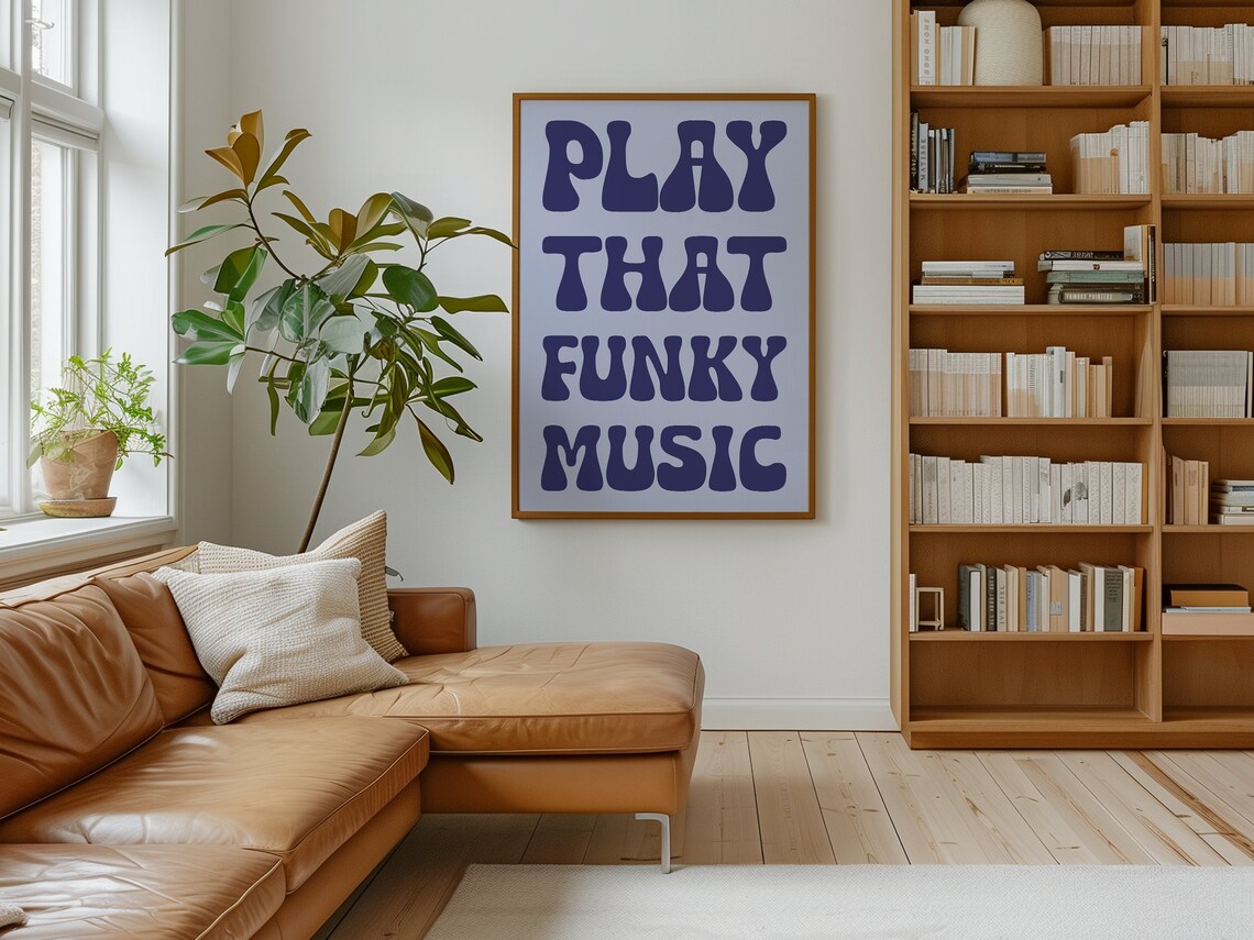 Retro Groovy Play That Funky Music Navy Typography Statement Wall Poster - Image 4