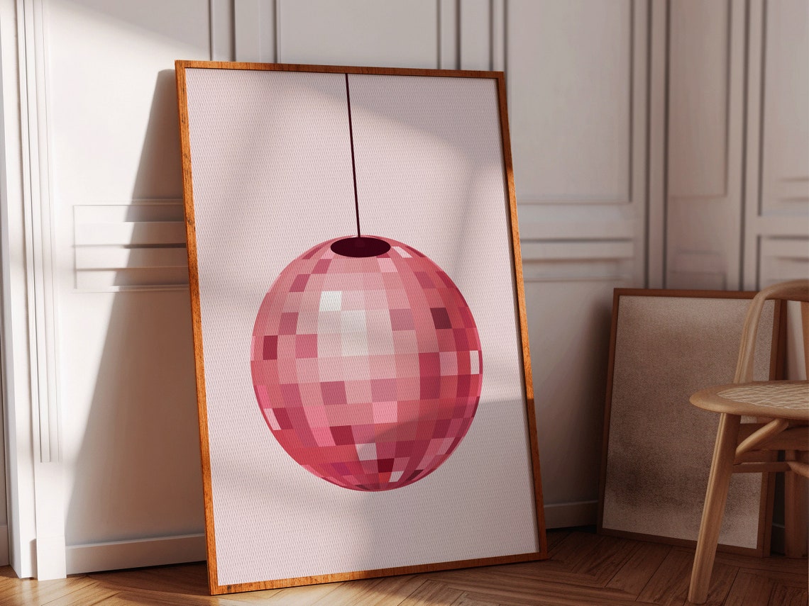 Pink Disco Ball Hanging On String Retro Party Minimalist Wall Art - Image 4