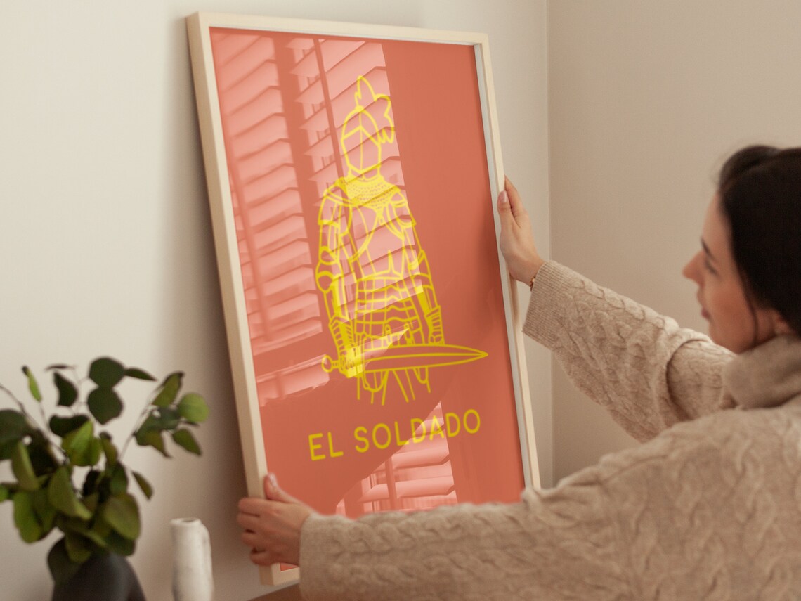 El Soldado Mexican Loteria Knight Armor Line Art Coral Wall Poster - Image 2