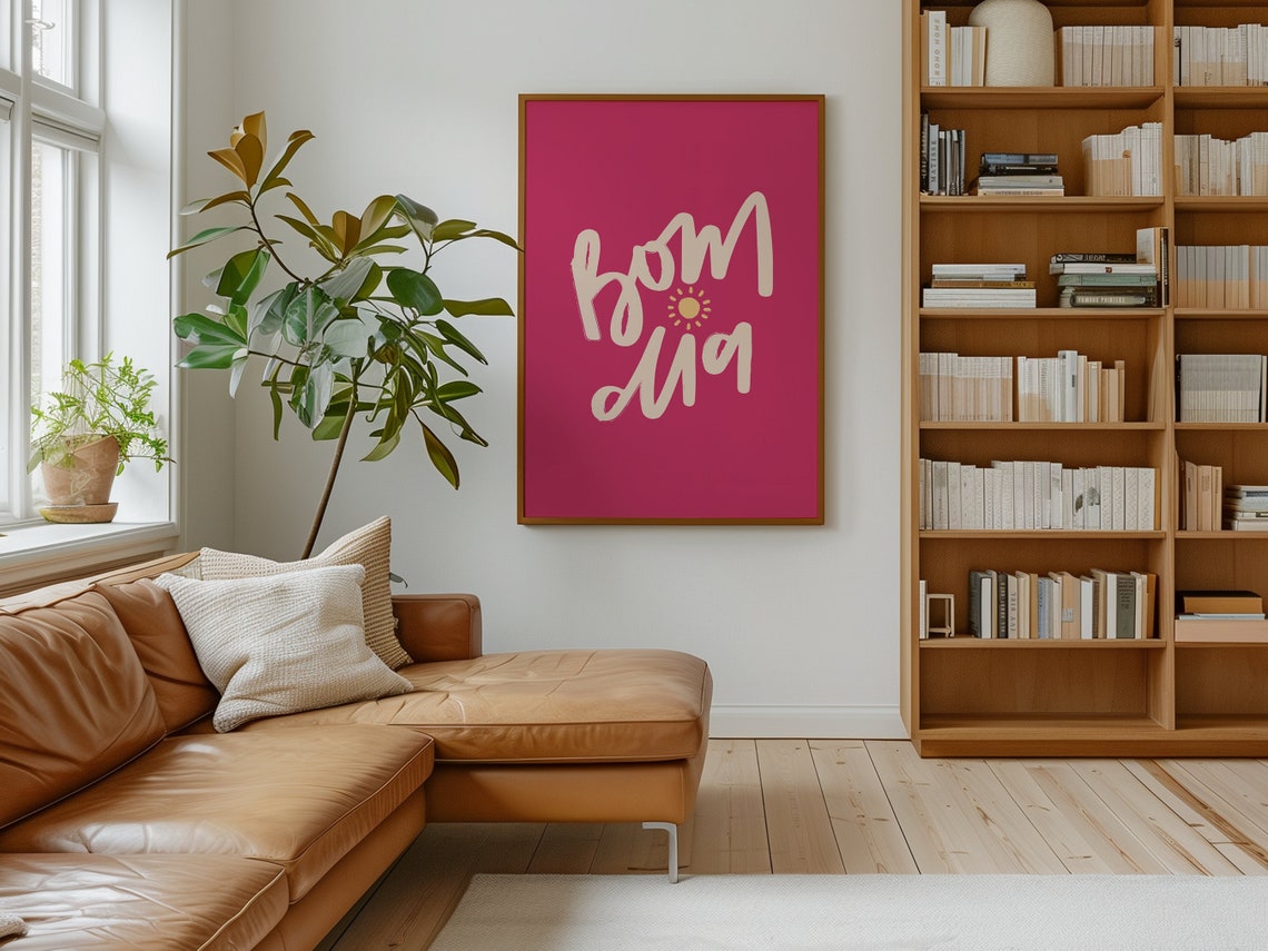 Bom Dia Good Morning Script Sunshine Hot Pink Typography Art Poster - Image 2