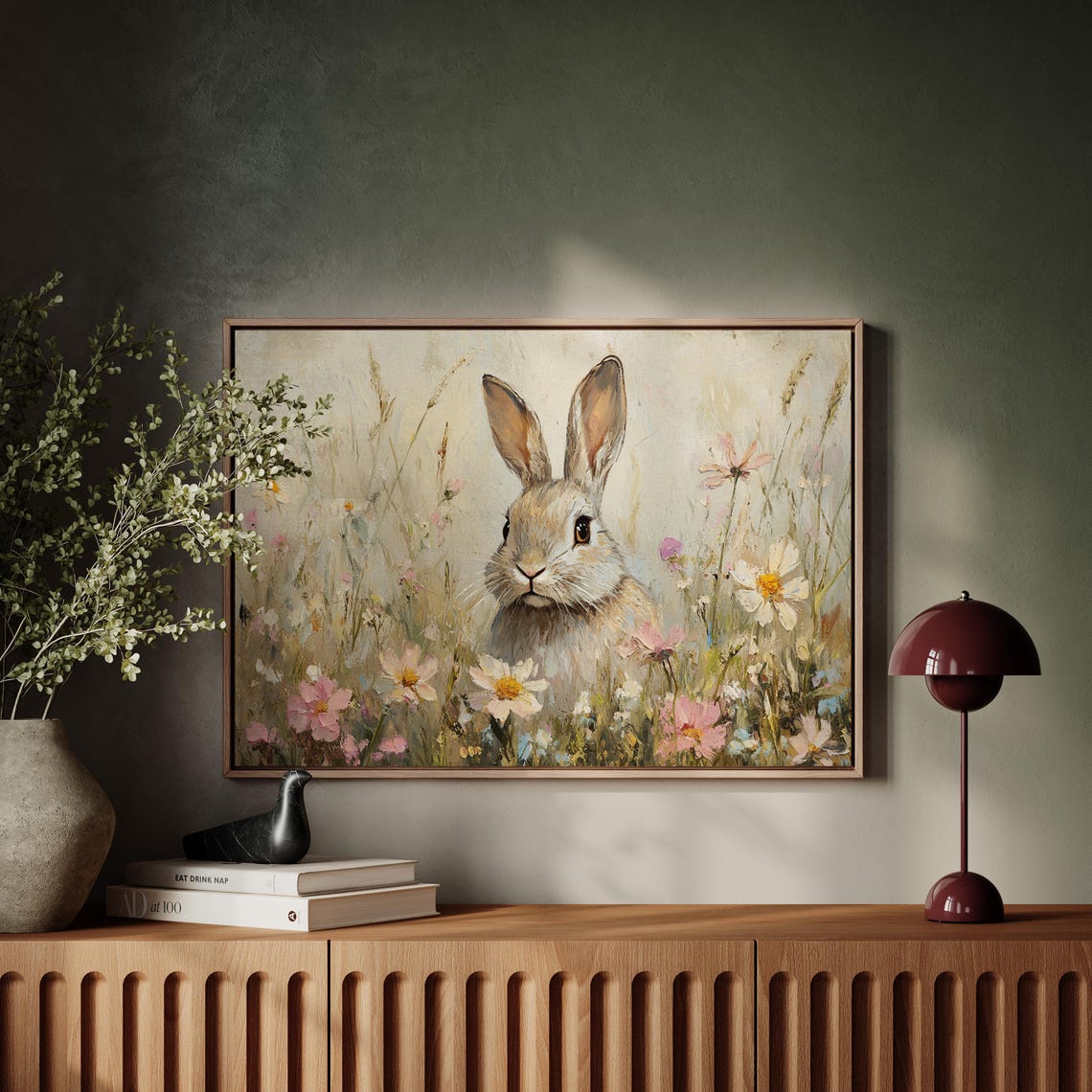 Cute Bunny In Cosmos Daisy Meadow Spring Floral Rabbit Wall Art - Image 5