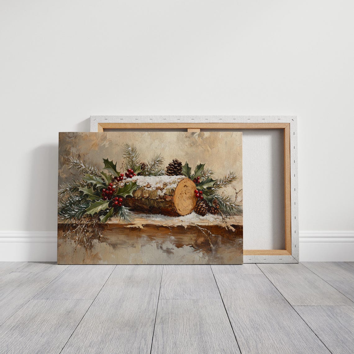 Vintage Christmas Log With Holly Pinecones And Snow Holiday Poster - Image 5