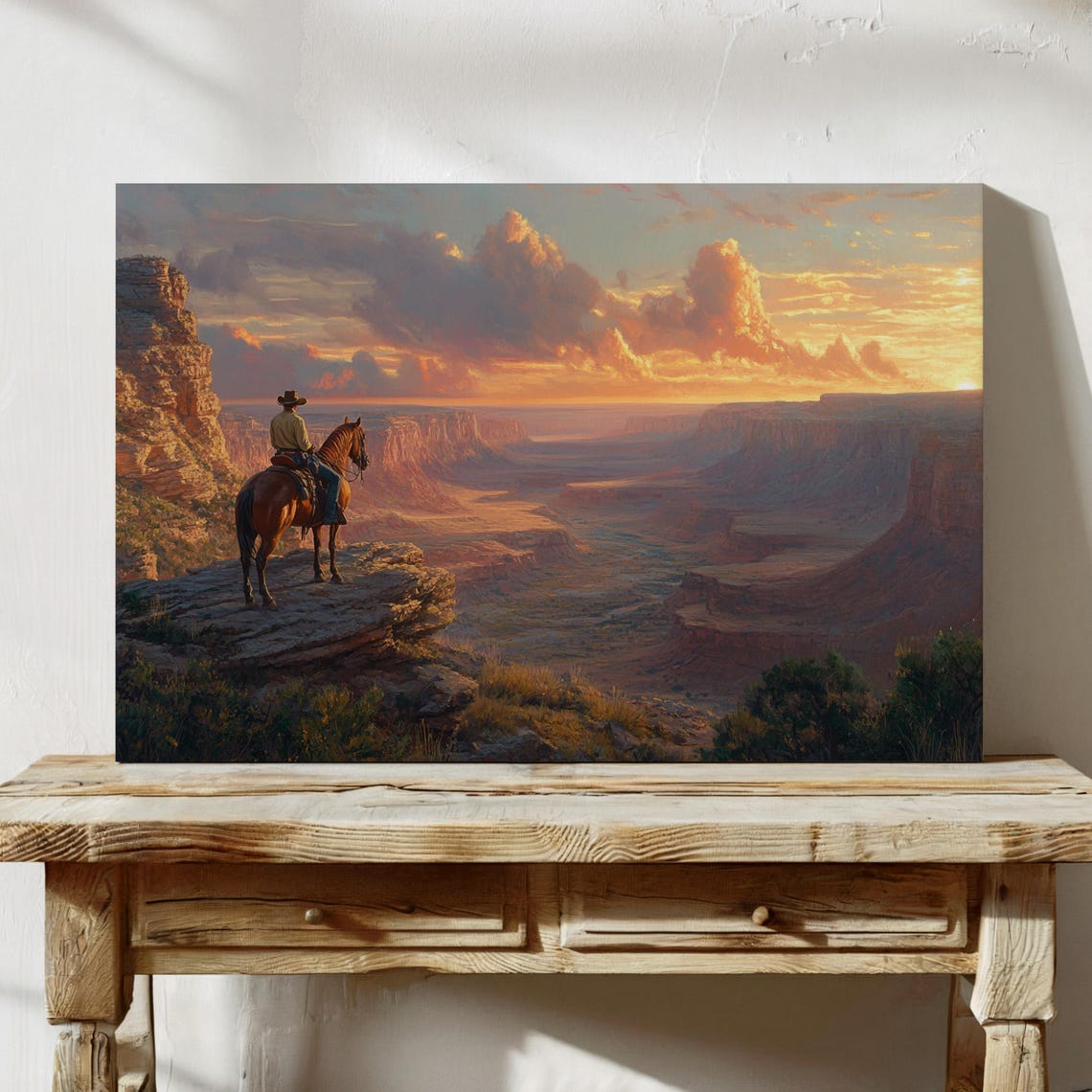 Lone Cowboy Overlooking Sunset Canyon Dramatic Western Horseback Landscape Wall Art Print Rugged Desert View Painting - Image 4