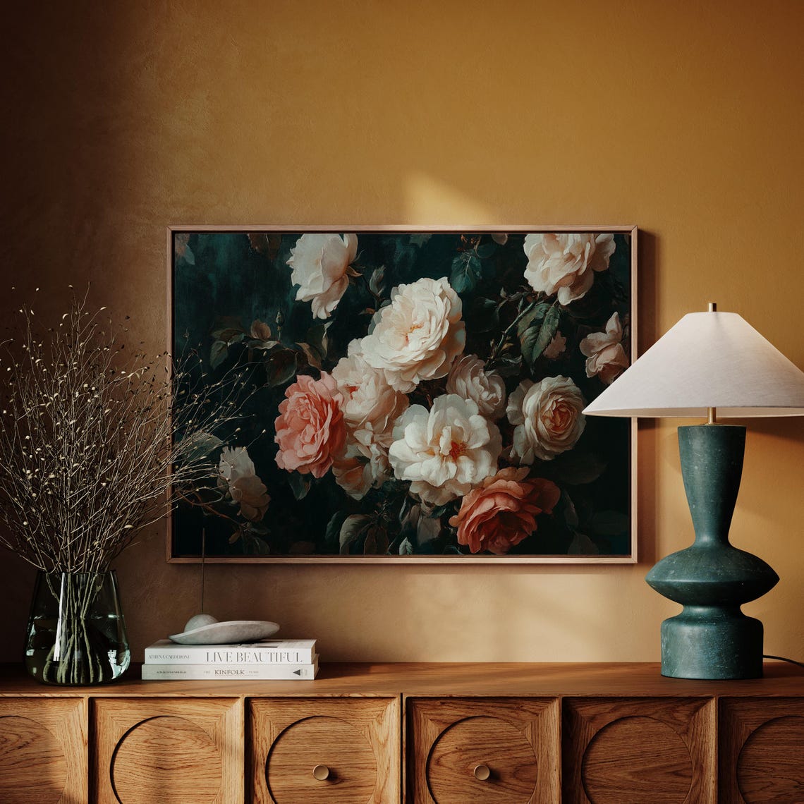 Vintage White Blush Roses Dark Botanical Baroque Flower Wall Art Print - Image 4