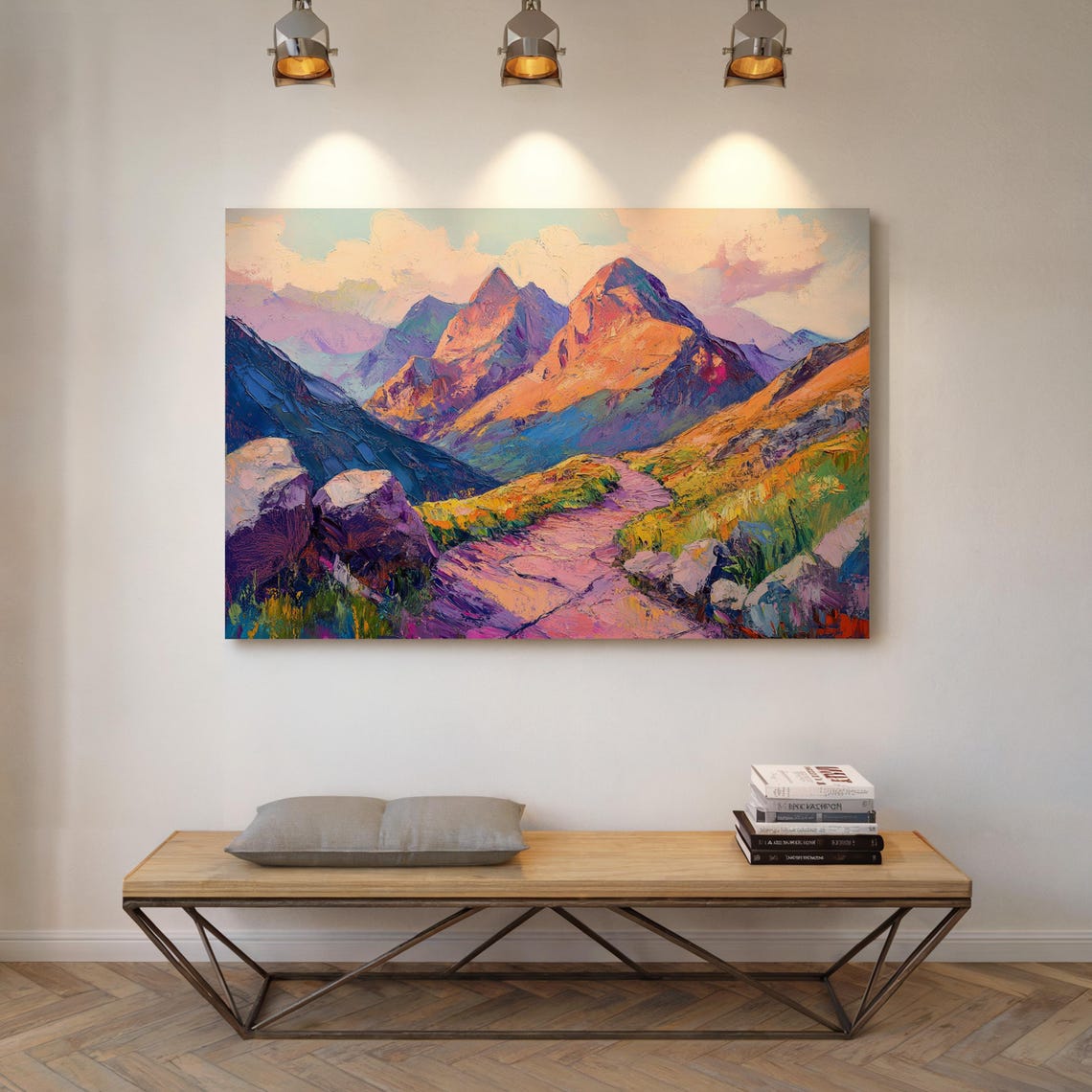 Vibrant Mountain Landscape Painting Textured Pathway With Colorful Peaks For Bold And Inspiring Wall Decor Print - Image 2