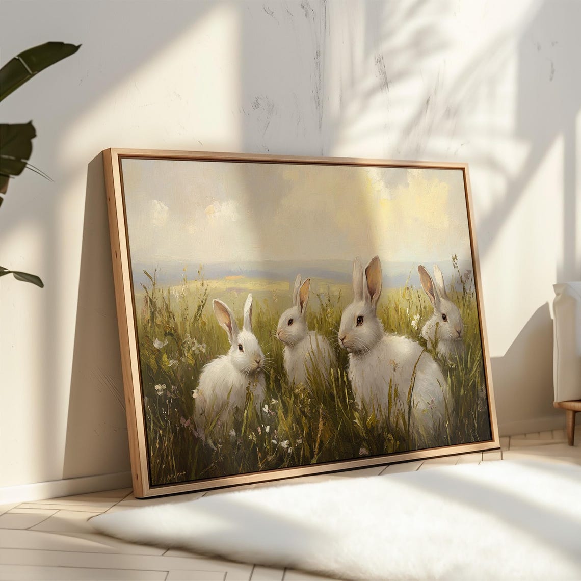 Four White Rabbits In Sunny Meadow Grass Cottagecore Bunny Art Poster - Image 2