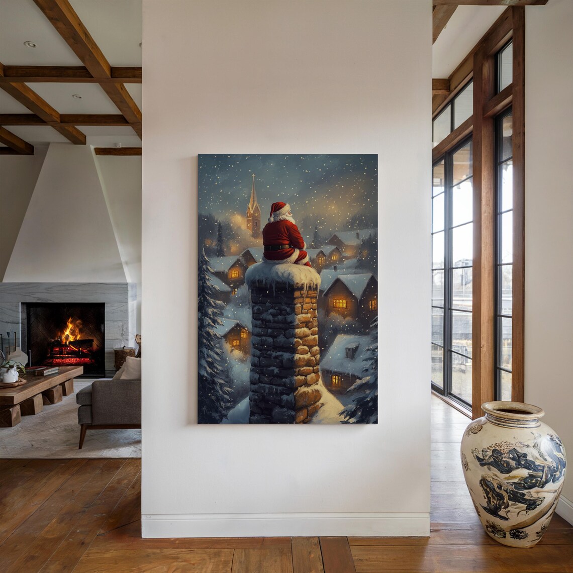 Santa On Chimney Overlooking Snowy Village At Night Christmas Poster - Image 5