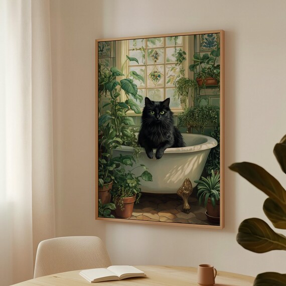 Black Cat Greenhouse Bathtub Vintage Botanical Cozy Cottagecore Poster