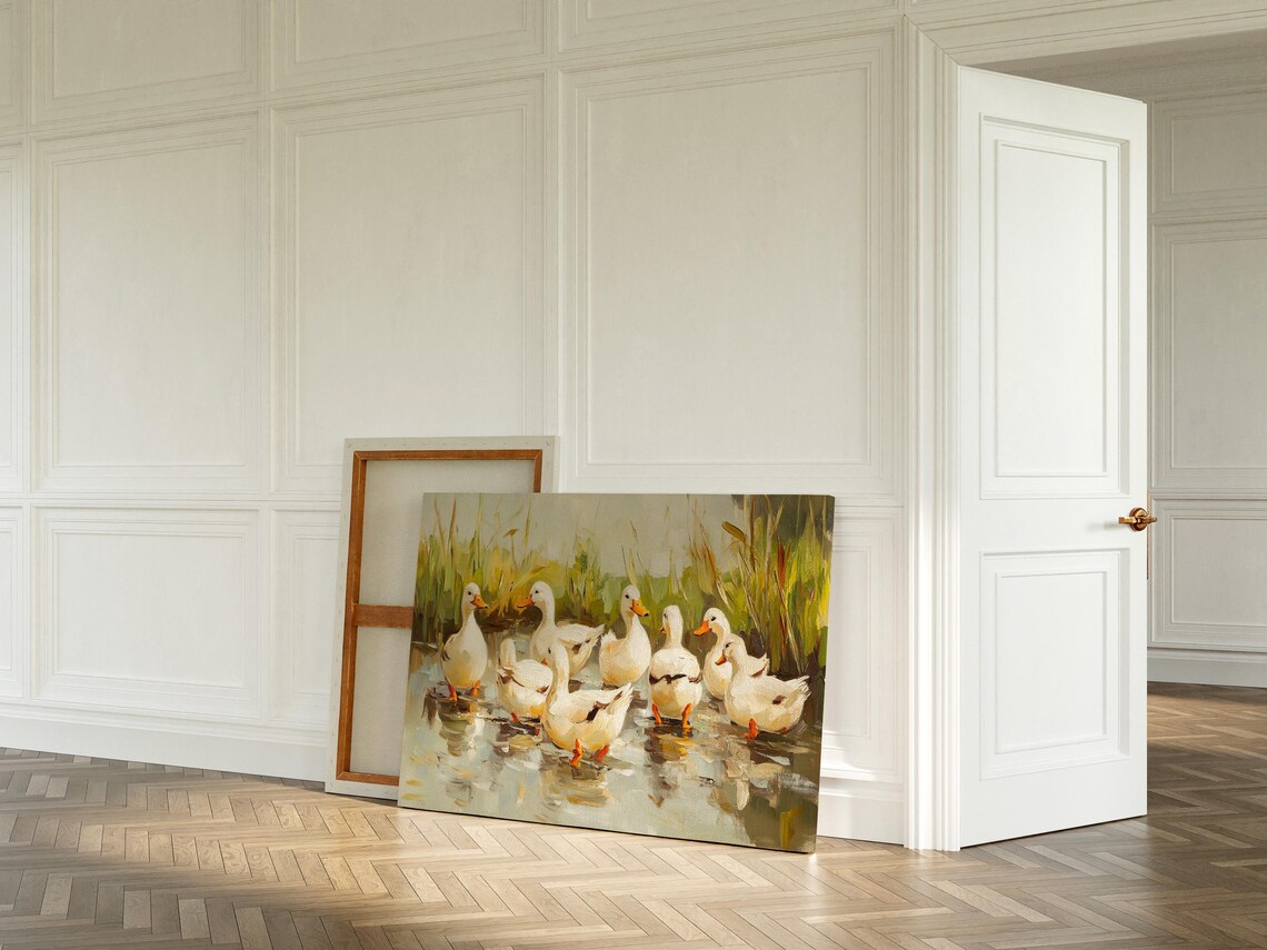 White Duck Pond Painting, Peaceful Farm Animal - Image 5