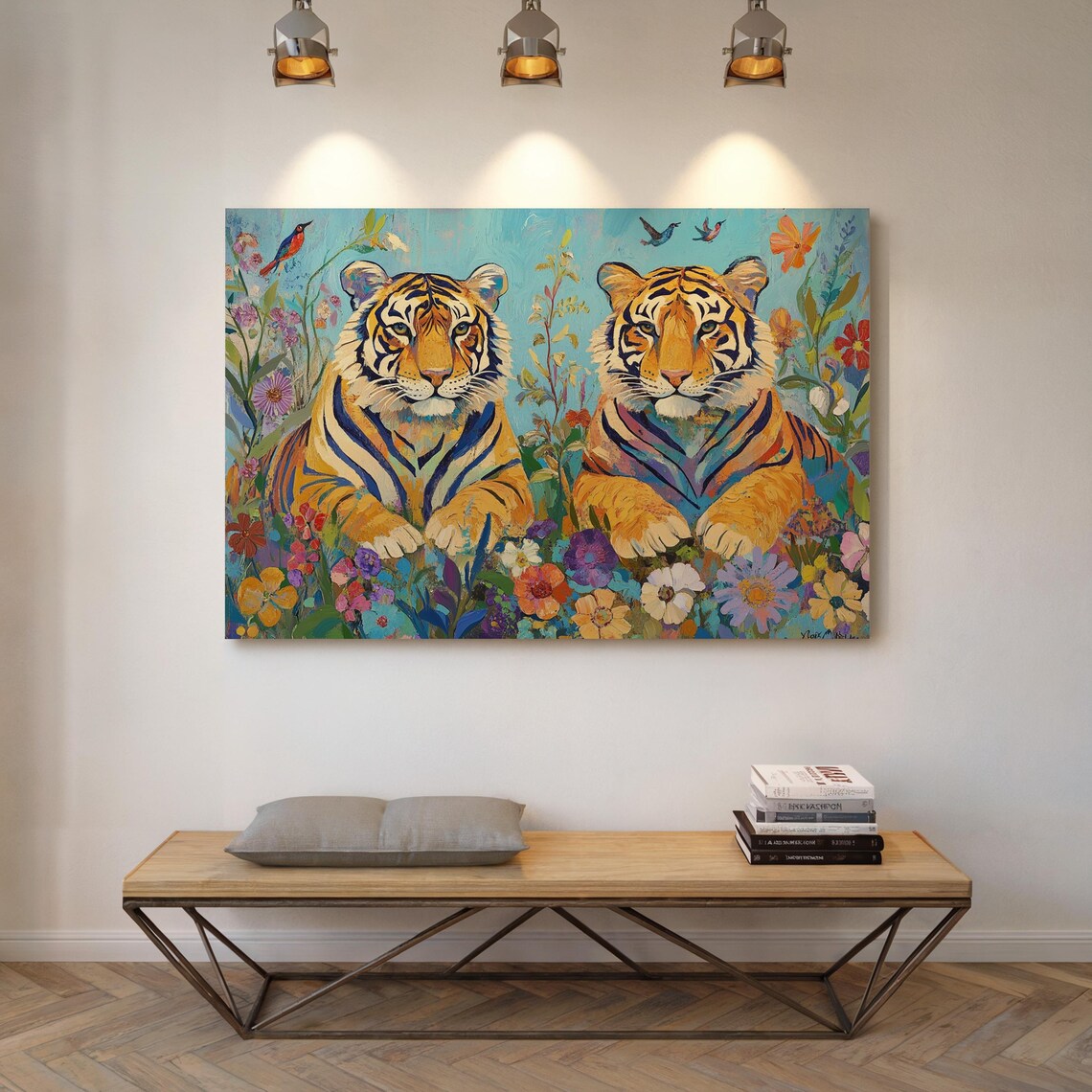 Majestic Tiger Duo Colorful Wildflowers Vibrant Wildlife Illustration Poster - Image 3