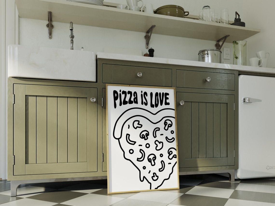 Pizza Is Love Heart Shaped Pizza Doodle Black Line Kitchen Poster - Image 2