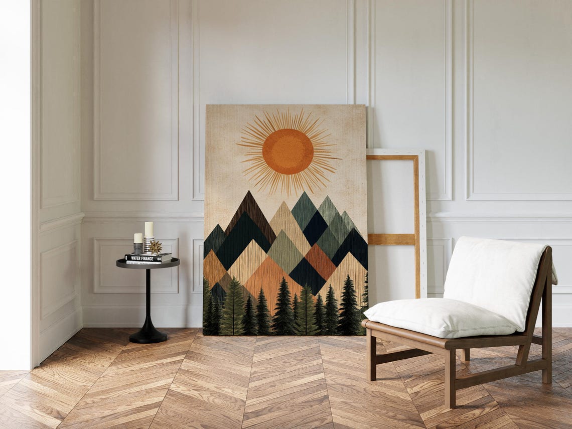 Geometric Mountain Sun Print Abstract Nature Wall Art Rustic Modern Decor Boho Forest Landscape Poster For Home Or Office - Image 3