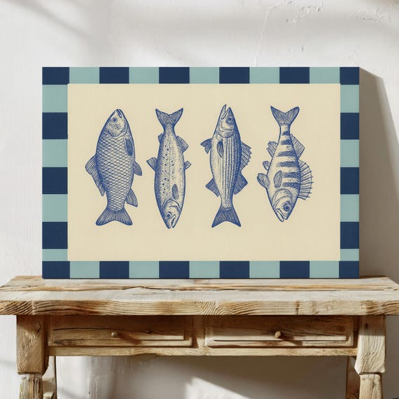 Vintage Blue Fish Print, Nautical Kitchen Decor