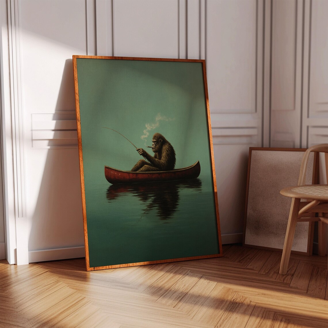 Fishing Ape Art Print, Surreal Moody Lake Scene - Image 4