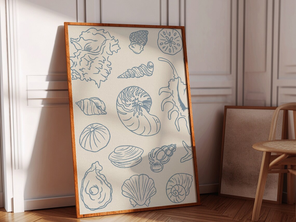 Blue Line Art Seashell Collection Cream Nautical Coastal Poster - Image 2